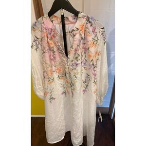 52seven Floral Mock Neck Midi Dress Women's 16W White Button 3/4 Sleeve NWT read